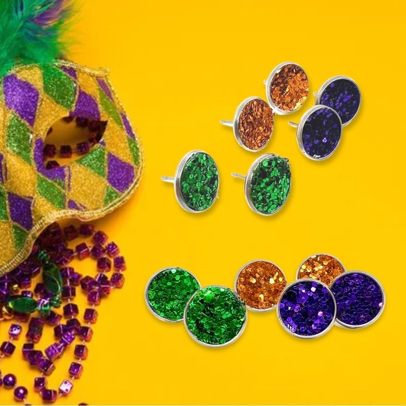 Sparkle & Shine: Mardi Gras Trio of Glitter Stud Earrings! NWT Studs - Picture 6 of 10